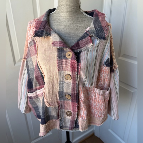 Oli & Hali Tops - Oli & Hali Patchwork Button-Up Women’s Top Pink/Brown/Blue Large